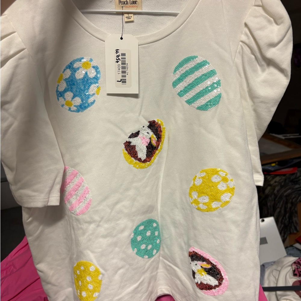 Peach Love California Kids White Tee with Colorful Egg Patterns